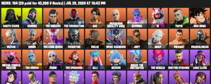 Fortnite Accounts listing: LVL 2603 - Darth Vader - Xander - 154 Outfits - 154 outfits