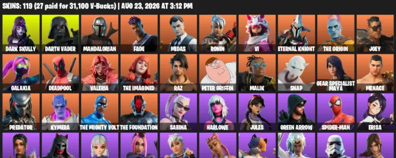 Fortnite account inventory for LVL 2137 - Dark Skully - Darth Vader - 119 Outfits