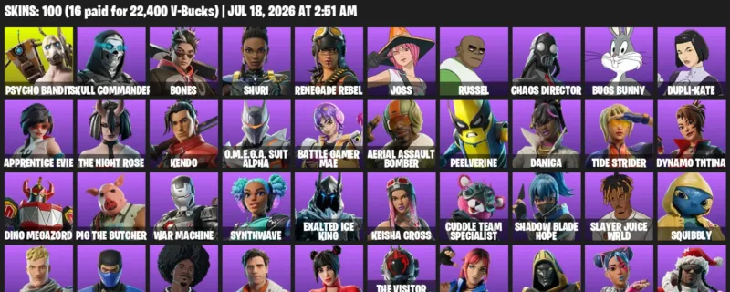 Fortnite Accounts listing: LVL 947 - Psycho Bandit - Skull Commander - 100 Outfits - 100 outfits