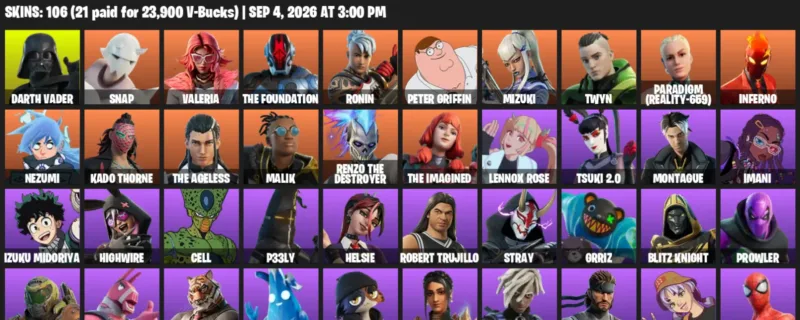 Fortnite account inventory for LVL 1486 - Darth Vader - Snap - 106 Outfits