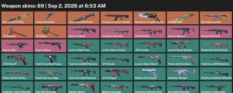 Valorant account inventory for LVL 146 · Reaver Karambit & Striker Knife