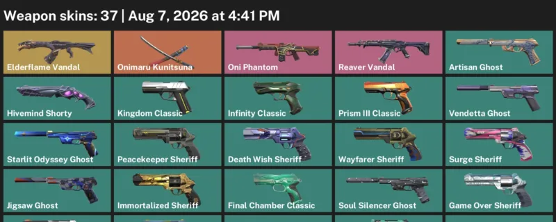Valorant account inventory for LVL 382 · Elderflame Vandal & Death Wish Sheriff