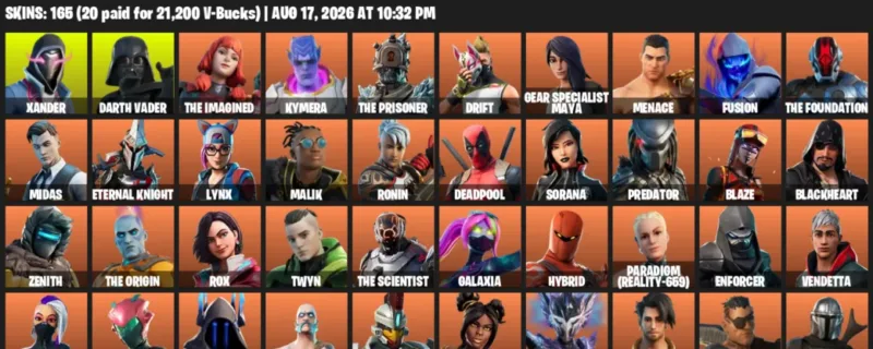 Fortnite account inventory for LVL 3056 - Xander - Darth Vader - 165 Outfits