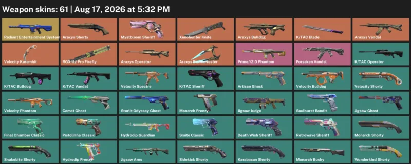 Valorant account inventory for LVL 340 · Xenohunter Knife & Tac Blade & Velocity Karambit
