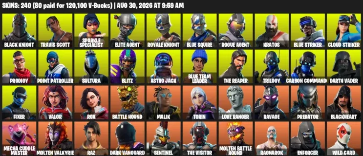 Fortnite account inventory for LVL 1633 - Black Knight - Travis Scott - 240 Outfits