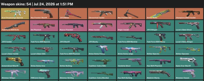 Valorant Accounts listing: LVL 185 · .SYS Melee & Striker Knife · 54 Skins - Bronze 2, 54 skins