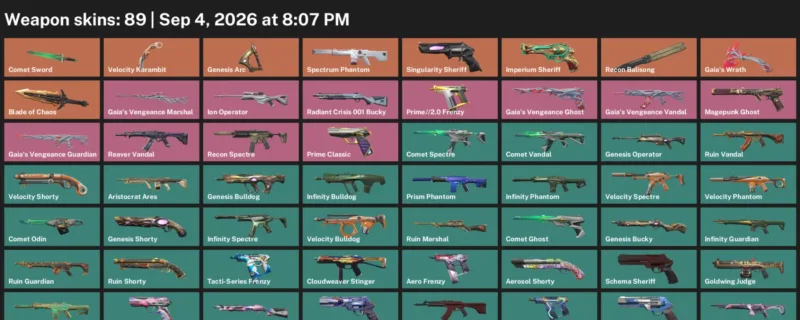 Valorant account inventory for LVL 211 · Velocity Karambit & 89 Skins Blade of Chaos