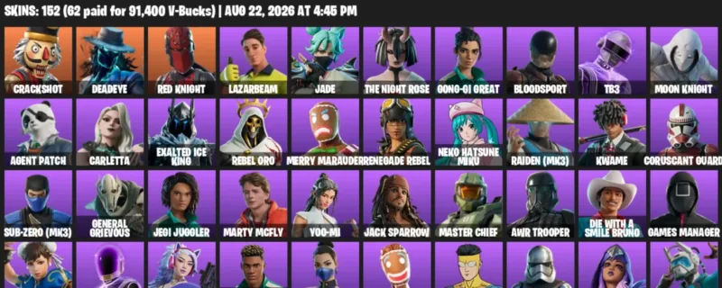 Fortnite account inventory for LVL 702 - Crackshot - Deadeye - 152 Outfits