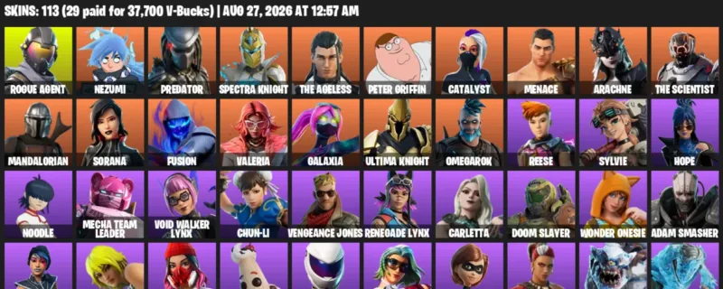 Fortnite account inventory for LVL 1559 - Rogue Agent - Nezumi - 113 Outfits