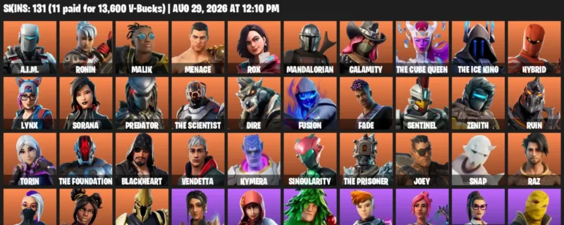 Fortnite account inventory for LVL 1727 - A.I.M. - Ronin - 131 Outfits