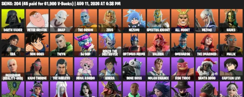 Fortnite account inventory for LVL 2195 - Darth Vader - Peter Griffin - 204 Outfits