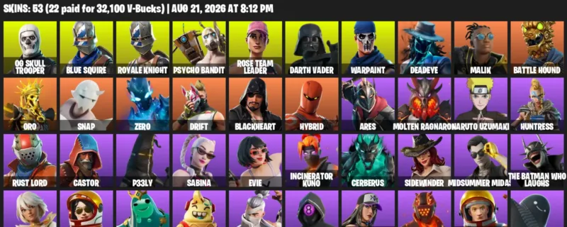 Fortnite account inventory for LVL 541 - OG Skull Trooper - Blue Squire - 53 Outfits