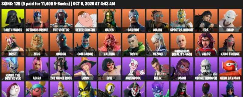 Fortnite account inventory for Darth Vader - Optimus Prime - 120 Outfits