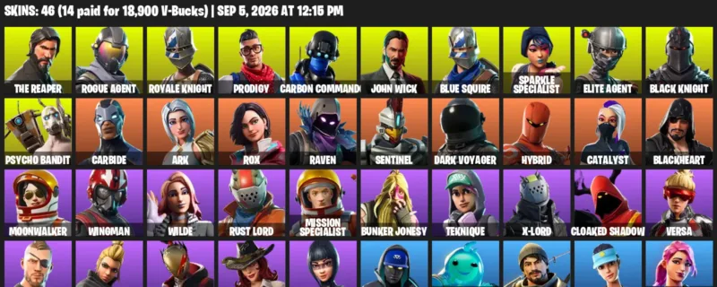 Fortnite account inventory for LVL 381 - The Reaper - Rogue Agent - 46 Outfits