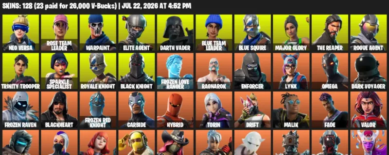 Fortnite Accounts listing: LVL 1670 - Neo Versa - Rose Team Leader - 128 Outfits - 128 outfits