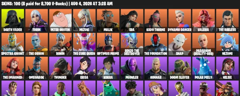 Fortnite account inventory for LVL 2058 - Darth Vader - Torin - 100 Outfits