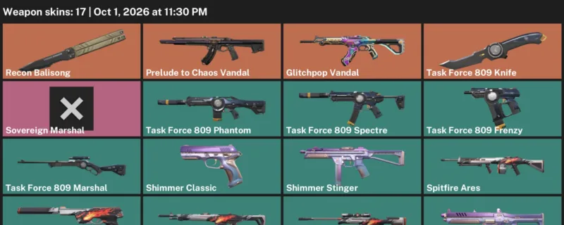 Valorant account inventory for LVL 33 · Glitchpop Vandal & Task Force 809 Knife