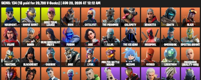 Fortnite account inventory for LVL 1746 - Warpaint - Rogue Agent - 134 Outfits