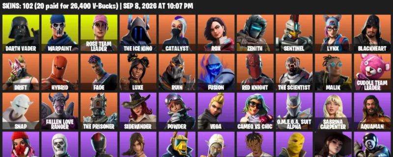 Fortnite account inventory for LVL 1189 - Darth Vader - Warpaint - 102 Outfits