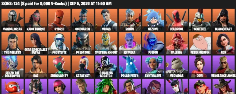 Fortnite account inventory for LVL 2272 - Mandalorian - Kado Thorne - 124 Outfits