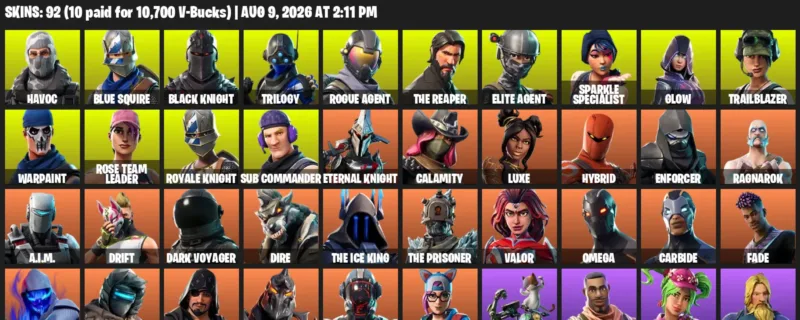 Fortnite account inventory for LVL 1480 - Havoc - Blue Squire - 92 Outfits