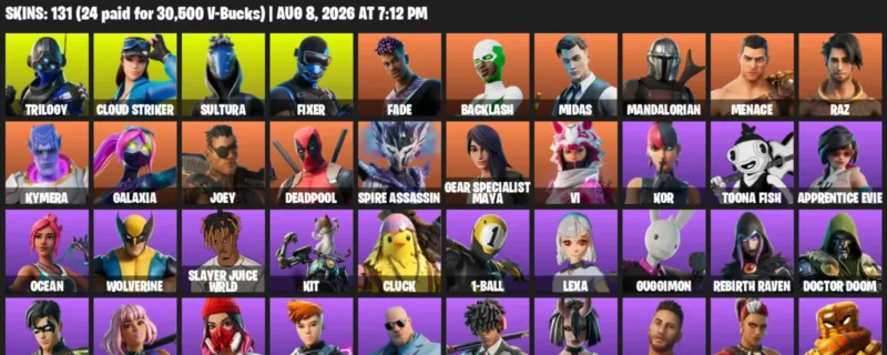 Fortnite account inventory for LVL 1944 - Trilogy - Cloud Striker - 131 Outfits