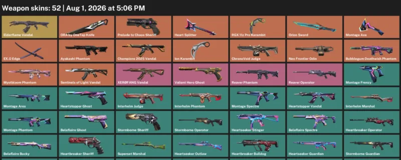 Valorant account inventory for LVL 104 · RGX 11z Pro Karambit & Ion Karambit & Ora by OneTap Knife