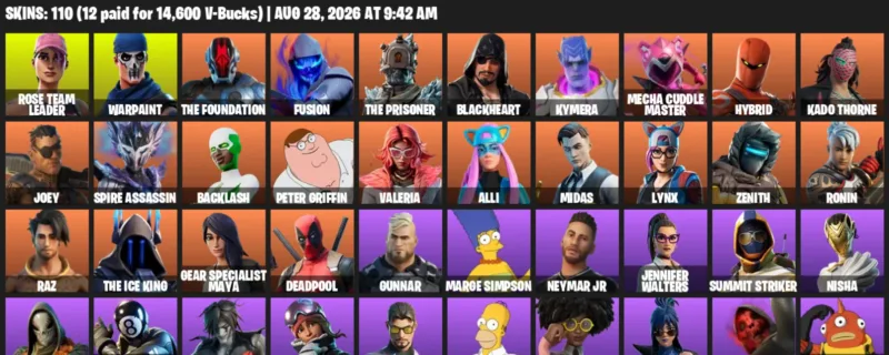 Fortnite account inventory for LVL 1809 - Rose Team Leader - Warpaint - 110 Outfits