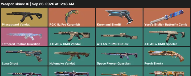 Valorant account inventory for LVL 32 · 16 Skins RGX 11z Pro Karambit & Kuronami Sheriff