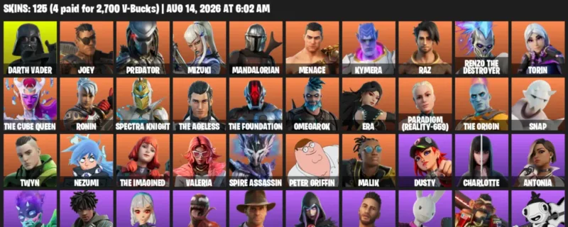 Fortnite account inventory for LVL 1649 - Darth Vader - Joey - 125 Outfits