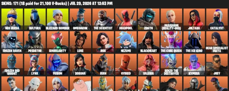 Fortnite Accounts listing: LVL 2601 - Neo Versa - Sultura - 171 Outfits - 171 outfits