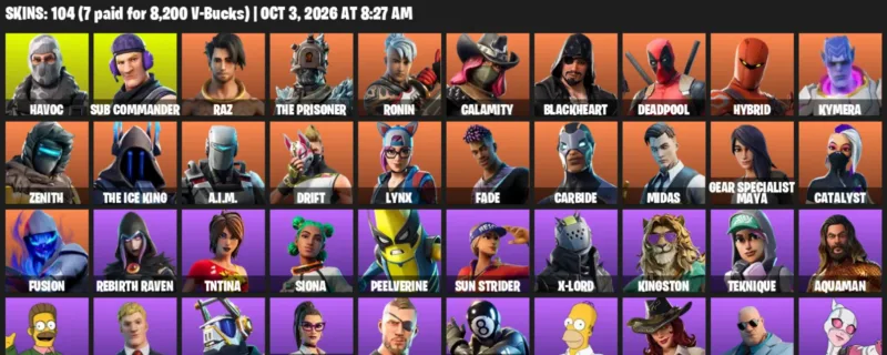 Fortnite account inventory for Havoc - Sub Commander - 104 Outfits