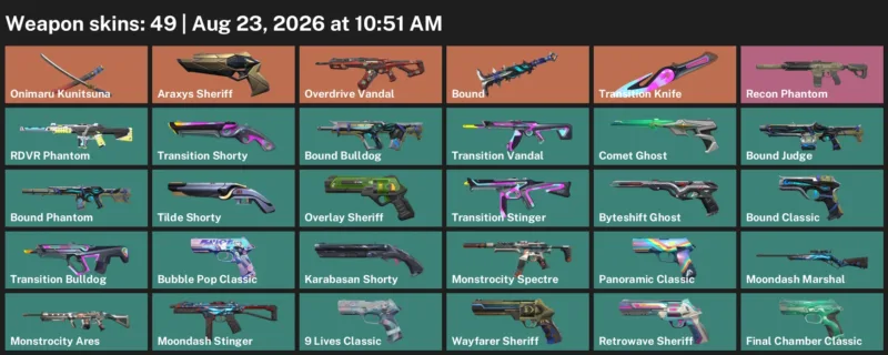 Valorant account inventory for LVL 268 · Transition Knife & Araxys Sheriff