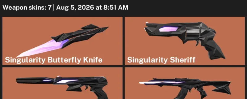 Valorant account inventory for LVL 53 · Singularity Butterfly Knife & Singularity Vandal
