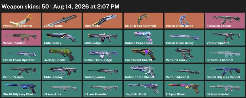 Valorant account inventory for LVL 183 · RGX 11z Pro Karambit & Iridian Thorn Blade & Prime
