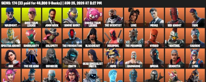 Fortnite account inventory for LVL 1502 - Warpaint - Rose Team Leader - 174 Outfits