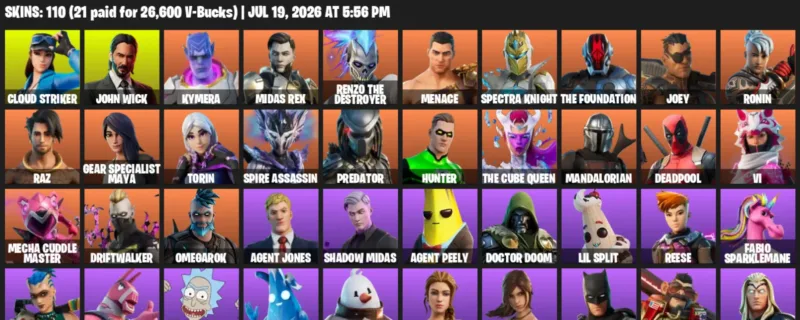 Fortnite Accounts listing: LVL 1531 - Cloud Striker - John Wick - 110 Outfits - 110 outfits