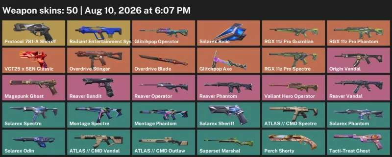 Valorant account inventory for LVL 182 · Overdrive Blade & Glitchpop Operator