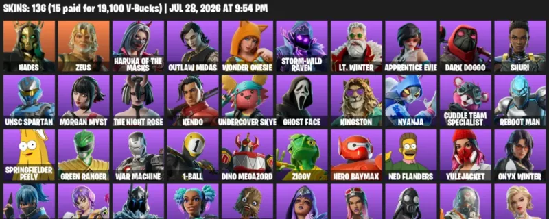 Fortnite Accounts listing: LVL 1976 - Hades - Zeus - 136 Outfits - 136 outfits