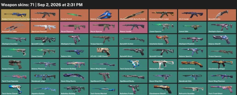 Valorant account inventory for LVL 136 · Champions 2025 Butterfly Knife & 71 Skins Byteshift Knife