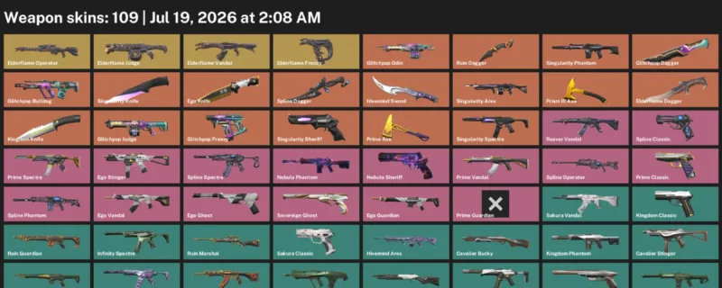 Valorant Accounts listing: LVL 128 · Ego Knife & Elderflame Dagger · 109 Skins - Platinum 3, 109 skins