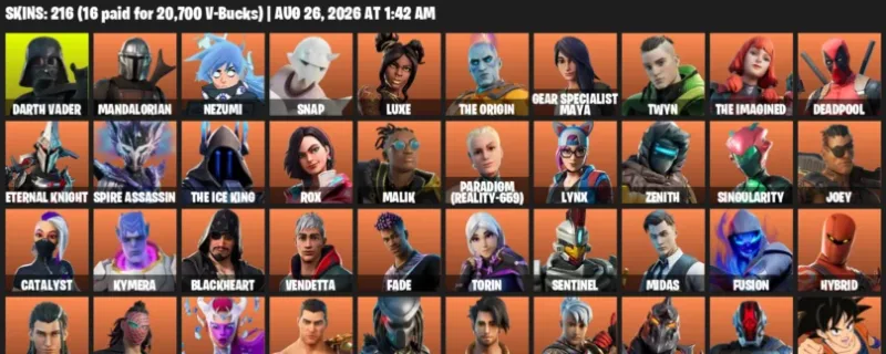 Fortnite account inventory for LVL 6694 - Darth Vader - Mandalorian - 216 Outfits