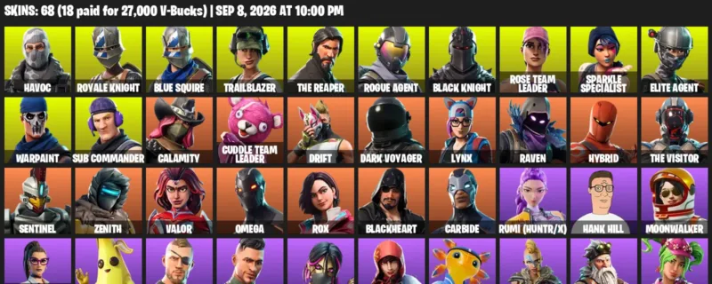 Fortnite account inventory for LVL 785 - Havoc - Royale Knight - 68 Outfits