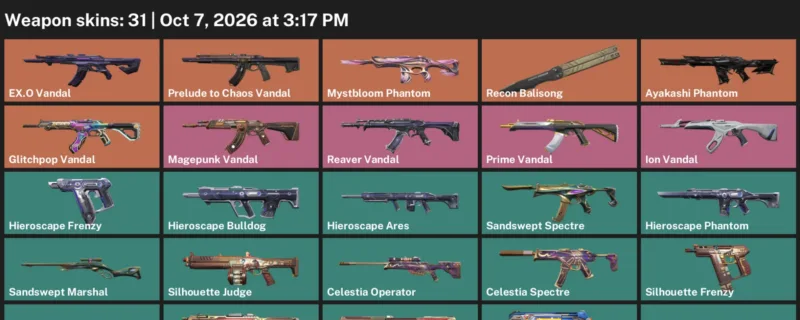 Valorant account inventory for LVL 45 · Glitchpop Vandal & Ayakashi Phantom & Celestia Operator