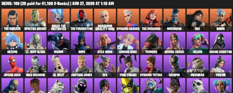Fortnite account inventory for LVL 1543 - The Ageless - Spectra Knight - 169 Outfits
