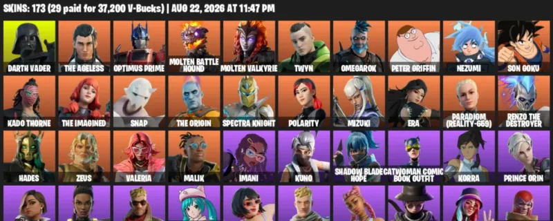 Fortnite account inventory for LVL 3399 - Darth Vader - The Ageless - 173 Outfits