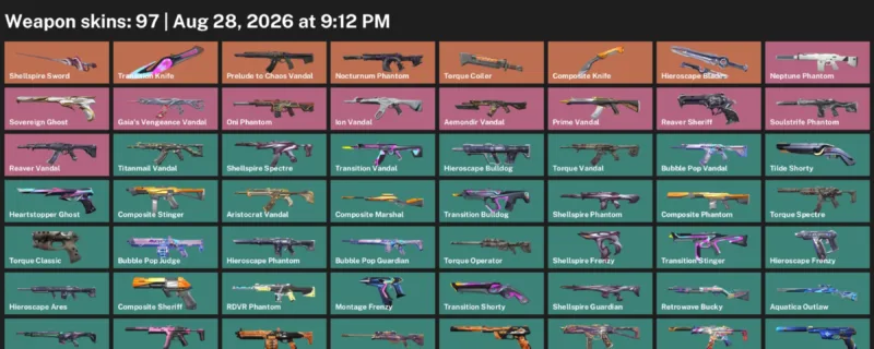 Valorant account inventory for LVL 232 · Transition Knife & 97 Skins Composite Knife