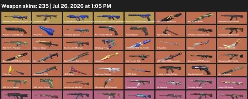 Valorant Accounts listing: LVL 155 · .SYS Melee & Black.Market Butterfly Knife · 235 Skins - Gold 1, 235 skins