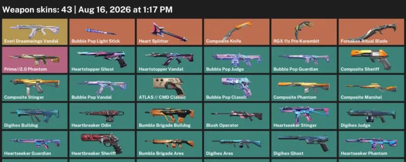 Valorant account inventory for LVL 105 · RGX 11z Pro Karambit & Composite Knife & Forsaken Ritual Blade