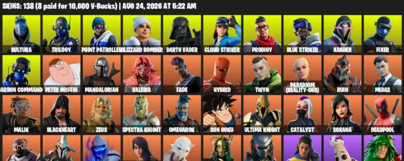 Fortnite account inventory for LVL 2966 - Sultura - Trilogy - 138 Outfits